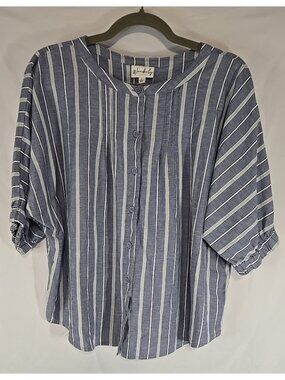 Wonderly Ladies Blue and White Stripe Button U Blouse Linen/Cotton Size L